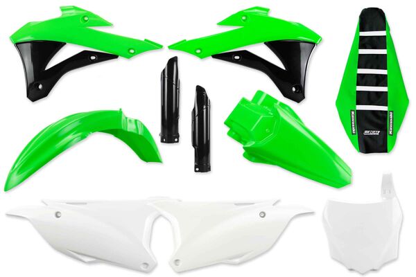 Complete Plastic Kit With Lower Forks & Seat Cover for Kawasaki: KX100 (2 Stroke) (2014-21) / KX85 (2 Stroke) (2014-21) | DeCal Works