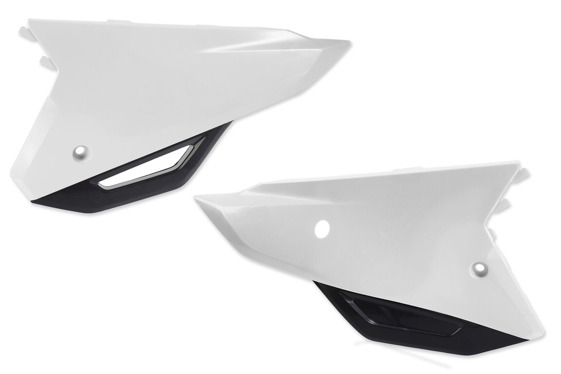 UFO White / Black Side Number Plates for Honda: CRF250R (2022-2024), CRF250RX (2022-2024), CRF450R (2021-2024), CRF450R-S (2023-2024), CRF450RWE (2021-2024), CRF450RX (2021-2024)