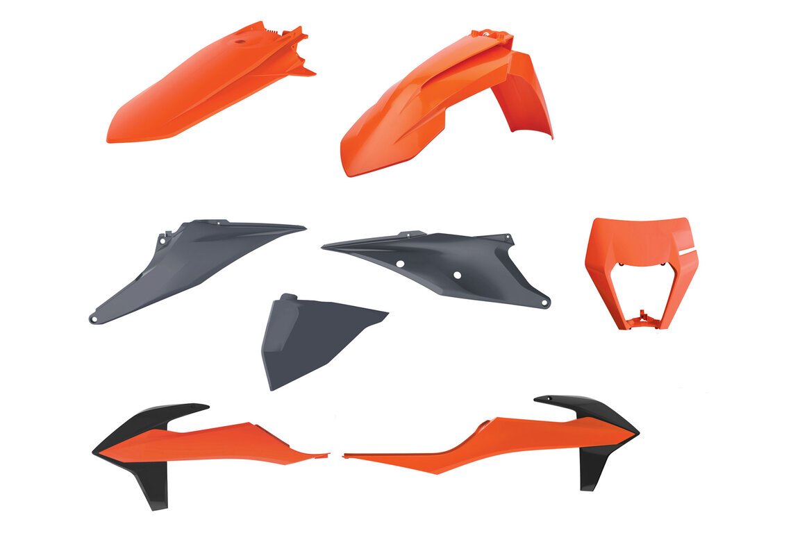 Polisport OEM 20 Color Plastic Kit for KTM: EXC125 (2020-2021), EXC150 (2020-2023), EXC250 (2020-2023), EXC250F (2020-2023), EXC300 (2020-2023), EXC350F (2020-2023), EXC450F (2020-2023), EXC500F (2020-2023), XCF350W (2020-2022), XCF450W (2023), XCF500W (2020-2022), XCW150 (2023...and more