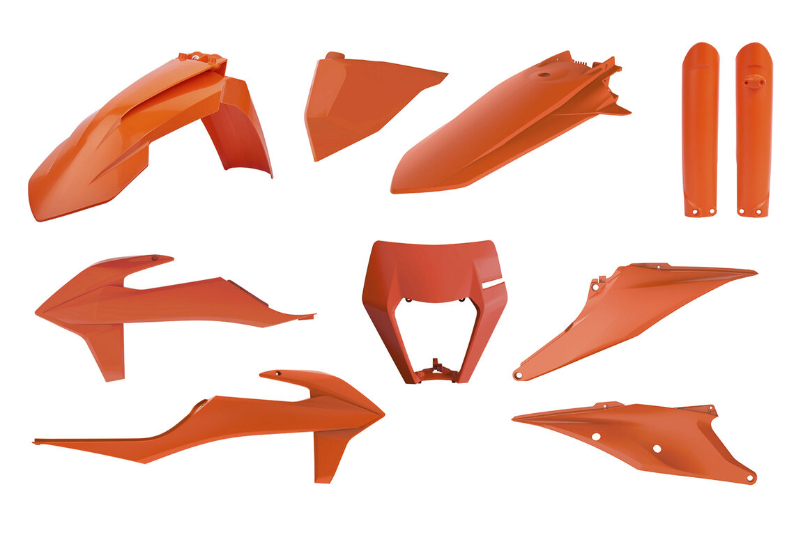 Polisport Orange with Forks Plastic Kit for KTM: EXC125 (2020-2021), EXC150 (2020-2023), EXC250 (2020-2023), EXC250F (2020-2023), EXC300 (2020-2023), EXC350F (2020-2023), EXC450F (2020-2023), EXC500F (2020-2023), XCF350W (2020-2022), XCF450W (2023), XCF500W (2020-2022), XCW150 (2023...and more