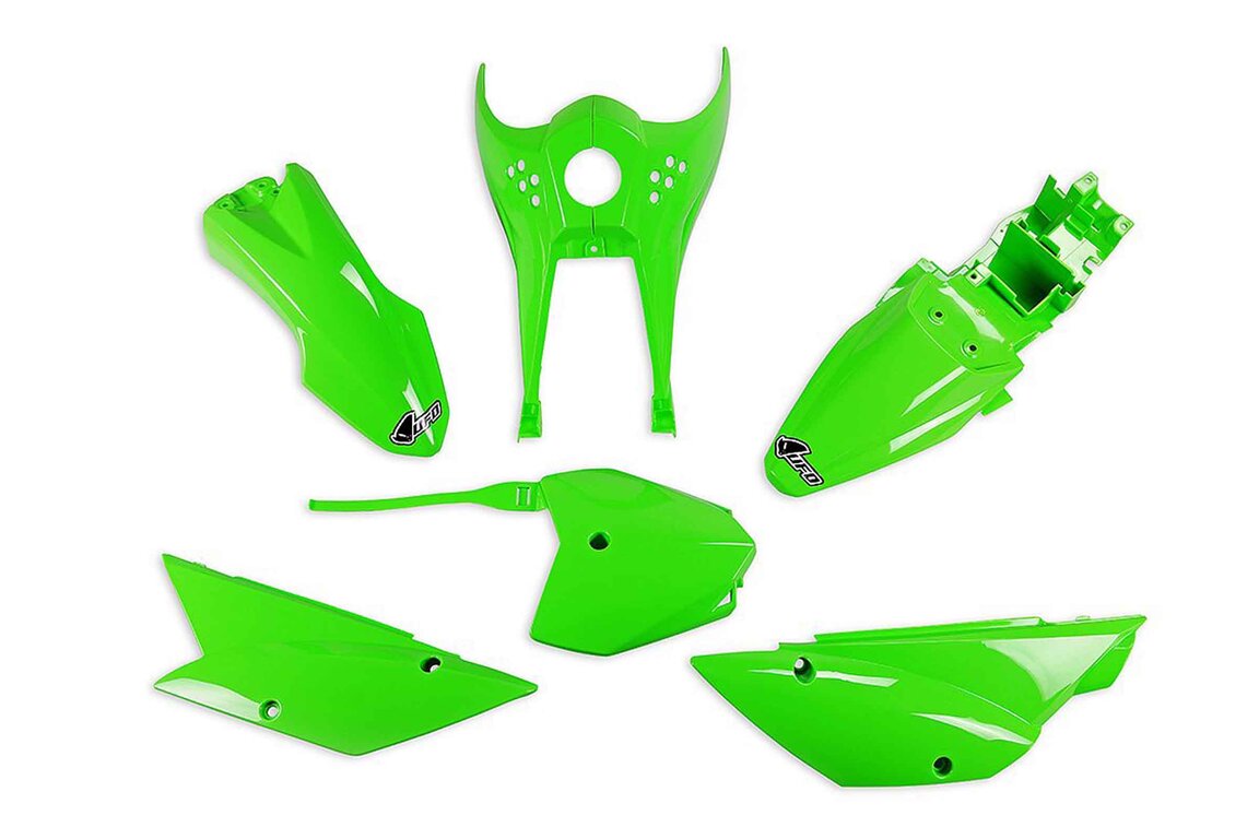 UFO Green Plastic Kit for Kawasaki: KLX110 (2010-2021), KLX110L (2010-2020), KLX110R (2021-2026), KLX110R L (2021-2026)