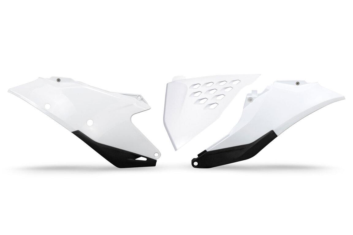 UFO Vented White Side Number Plates with Airbox Cover for GasGas: EC250 (2021-2023), EC250F (2021-2023), EC300 (2021-2023), EC350F (2021-2023), EX250 (2022-2023), EX250F (2021-2023), EX300 (2021-2023), EX350F (2021-2023), EX450F (2021-2023), MC 125 (2021-2023), MC 250 (2022-2023), MC250F (2021-20...and more