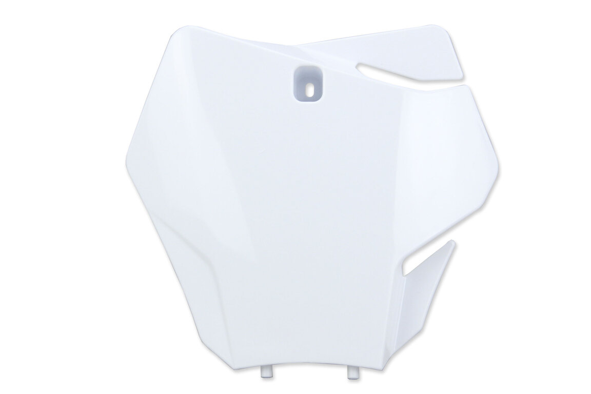 UFO White Front Number Plate for GasGas: EX250 (2022-2023), EX250F (2021-2023), EX300 (2021-2023), EX350F (2021-2023), EX450F (2021-2023), MC 125 (2021-2023), MC 250 (2022-2023), MC250F (2021-2023), MC350F (2022-2023), MC450F (2021-2023), MC450F FE (2022)