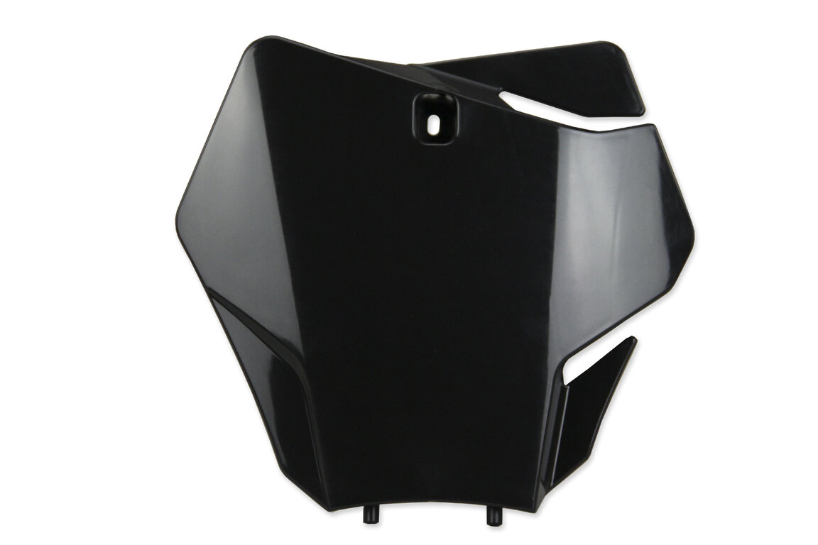 Polisport Black Front Number Plate for GasGas: EX250 (2022-2023), EX250F (2021-2023), EX300 (2021-2023), EX350F (2021-2023), EX450F (2021-2023), MC 125 (2021-2023), MC 250 (2022-2023), MC250F (2021-2023), MC350F (2022-2023), MC450F (2021-2023), MC450F FE (2022)