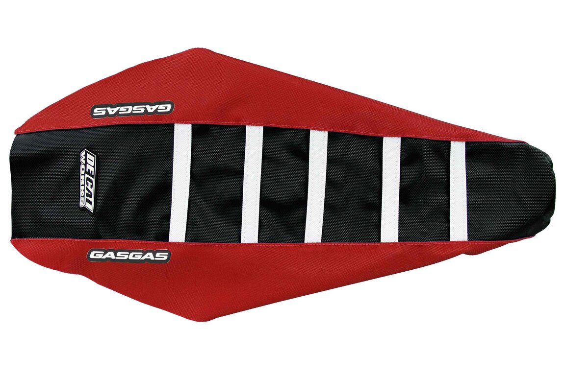 DeCal Works GG Red Black White with GasGas logo Gripper Ribbed Seat Covers for GasGas: EC 450F (2024-2025), EC125 (2025), EC250 (2024-2025), EC250F (2025), EC300 (2024-2025), EC350F (2025), EC500F (2025), ES 350 (2024), ES 500 (2024), EW 500F (2024), EX250 (2024-2025), EX250F (2024-2025), EX300 (2024-2025), EX350F (2...and more