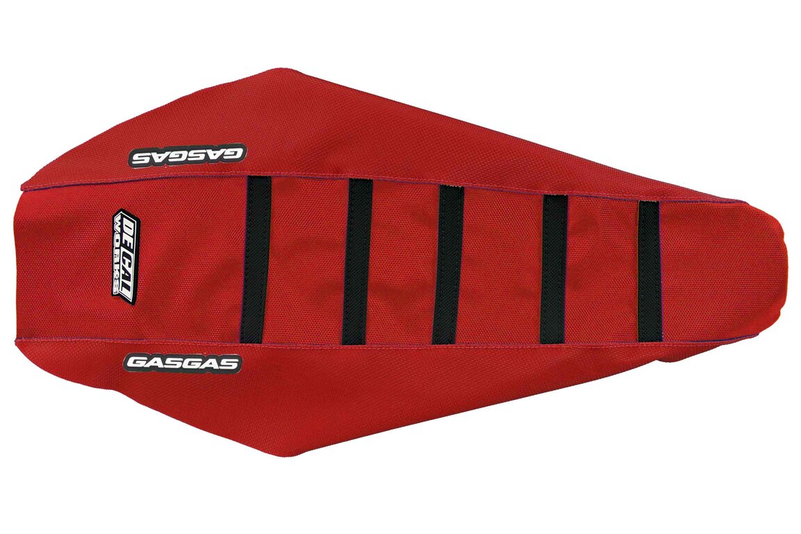 DeCal Works Red Red Black with GasGas logo Gripper Ribbed Seat Covers for GasGas: EC250 (2021-2023), EC250F (2021-2023), EC300 (2021-2023), EC350F (2021-2023), EX250 (2022-2023), EX250F (2021-2023), EX300 (2021-2023), EX350F (2021-2023), EX450F (2021-2023), MC 125 (2021-2023), MC 250 (2022-2023), MC250F (2021-20...and more