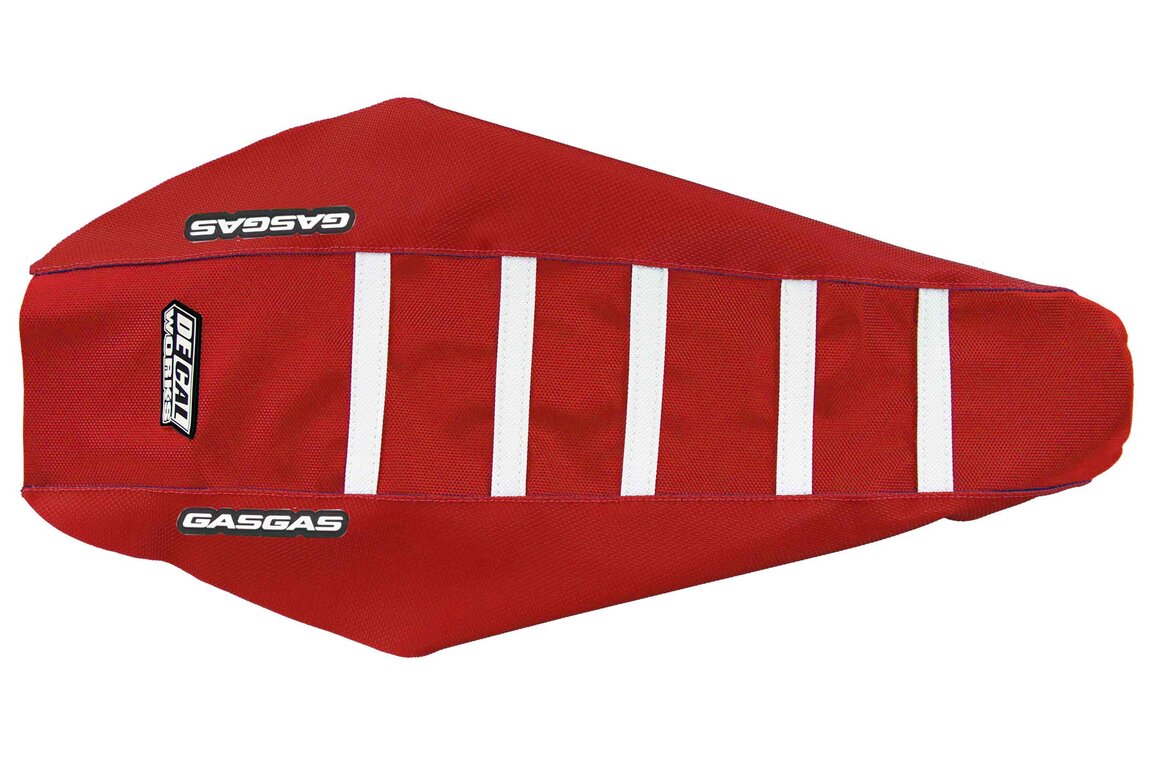 DeCal Works Red Red White with GasGas logo Gripper Ribbed Seat Covers for GasGas: EC250 (2021-2023), EC250F (2021-2023), EC300 (2021-2023), EC350F (2021-2023), EX250 (2022-2023), EX250F (2021-2023), EX300 (2021-2023), EX350F (2021-2023), EX450F (2021-2023), MC 125 (2021-2023), MC 250 (2022-2023), MC250F (2021-20...and more