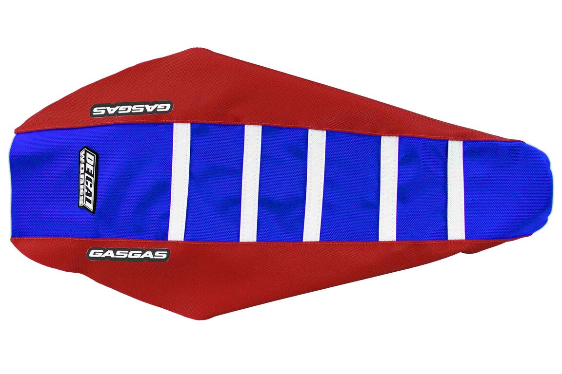 DeCal Works Red Blue White with GasGas logo Gripper Ribbed Seat Covers for GasGas: EC250 (2021-2023), EC250F (2021-2023), EC300 (2021-2023), EC350F (2021-2023), EX250 (2022-2023), EX250F (2021-2023), EX300 (2021-2023), EX350F (2021-2023), EX450F (2021-2023), MC 125 (2021-2023), MC 250 (2022-2023), MC250F (2021-20...and more