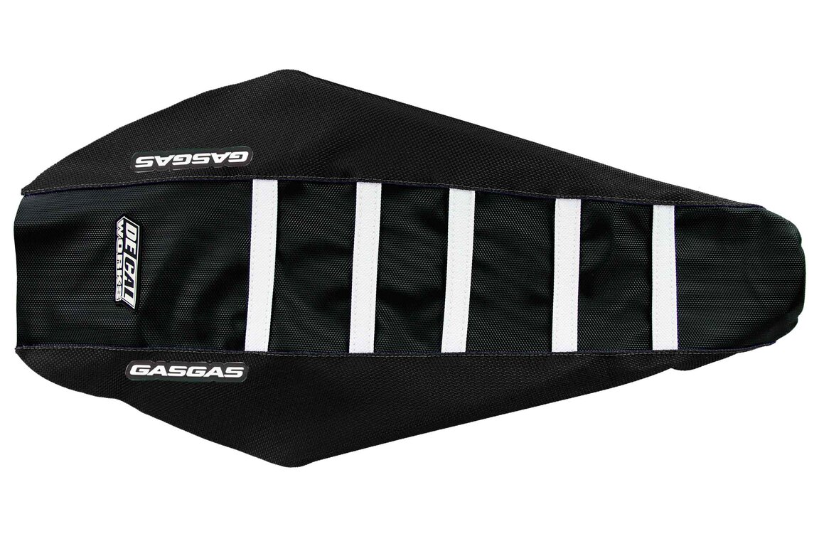 DeCal Works Black Black White with GasGas logo Gripper Ribbed Seat Covers for GasGas: EC 450F (2024-2025), EC125 (2025), EC250 (2024-2025), EC250F (2025), EC300 (2024-2026), EC350F (2025), EC500F (2025), ES 350 (2024), ES 500 (2024), EW 500F (2024), EX250 (2024-2025), EX250F (2024-2025), EX300 (2024-2026), EX350F (2...and more