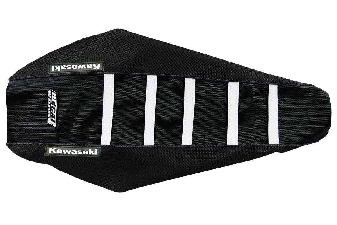 DeCal Works Black Black White with Kawasaki logo Gripper Ribbed Seat Covers for Kawasaki: KX100 (2014-2021), KX112 (2022-2027), KX85 (2014-2027)