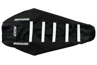 DeCal Works Black Black White with Kawasaki logo Gripper Ribbed Seat Covers for Kawasaki: KX100 (2014-2021), KX112 (2022-2027), KX85 (2014-2027)