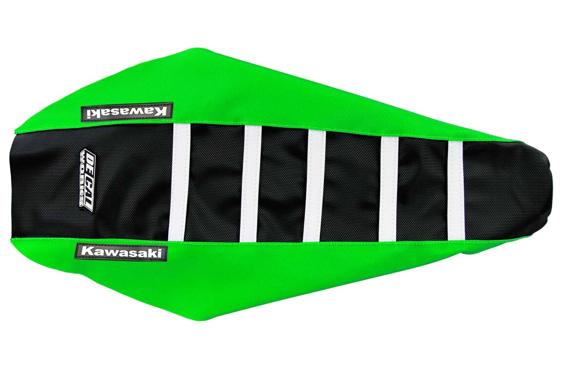 DeCal Works Green Black White with Kawasaki logo Gripper Ribbed Seat Covers for Kawasaki: KX100 (2014-2021), KX112 (2022-2026), KX85 (2014-2026)