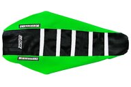 DeCal Works Green Black White with Kawasaki logo Gripper Ribbed Seat Covers for Kawasaki: KX100 (2014-2021), KX112 (2022-2027), KX85 (2014-2027)