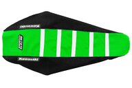 DeCal Works Black Green White with Kawasaki logo Gripper Ribbed Seat Covers for Kawasaki: KX250F (2021-2026), KX250F 50th Anniversary Edition (2024), KX250X (2022-2026), KX250XC (2021), KX450F (2019-2026), KX450F 50th Anniversary Edition (2024), KX450SR (2022-2026), KX450X (2022-2026), KX450XC (2021)