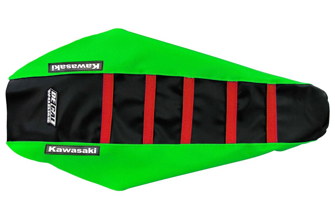 DeCal Works Green Black Red with Kawasaki logo Gripper Ribbed Seat Covers for Kawasaki: KX450F (2016-2018)