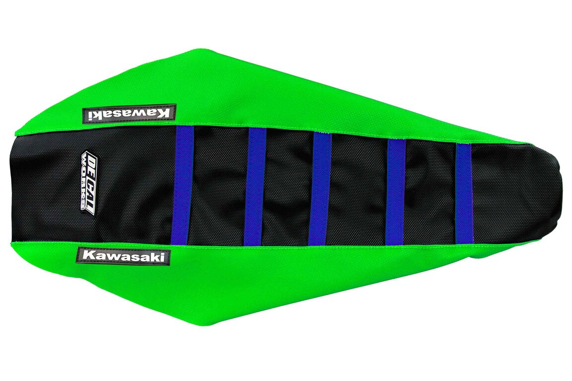 DeCal Works Green Black Blue with Kawasaki logo Gripper Ribbed Seat Covers for Kawasaki: KX250F (2013-2016), KX450F (2012-2015)