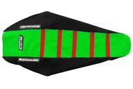 DeCal Works Black Green Red with Kawasaki logo Gripper Ribbed Seat Covers for Kawasaki: KX250F (2021-2026), KX250F 50th Anniversary Edition (2024), KX250X (2022-2026), KX250XC (2021), KX450F (2019-2026), KX450F 50th Anniversary Edition (2024), KX450SR (2022-2026), KX450X (2022-2026), KX450XC (2021)