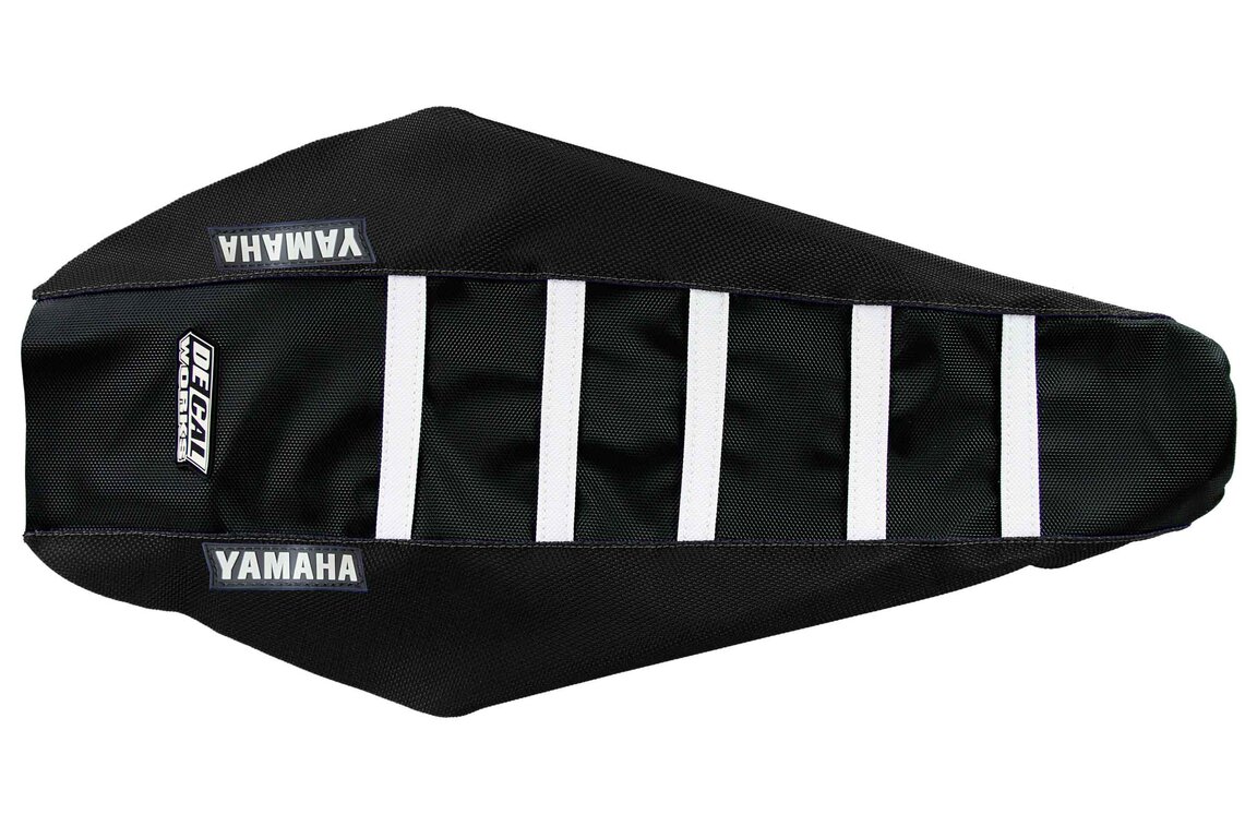 DeCal Works Black Black White with Yamaha logo Gripper Ribbed Seat Covers for Yamaha: YZ250F (2006-2009), YZ450F (2006-2009)