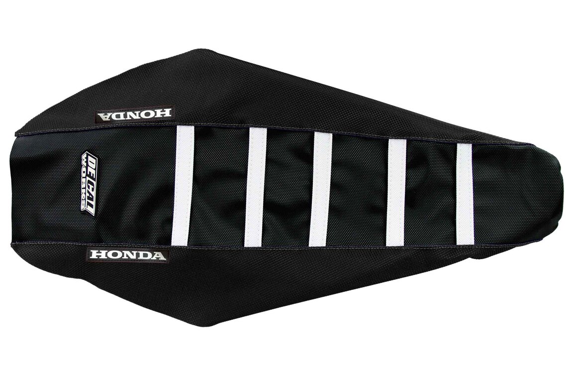 DeCal Works Black Black White with Honda logo Gripper Ribbed Seat Covers for Honda: CRF250R (2018-2021), CRF250RX (2019-2021), CRF450L (2019-2020), CRF450R (2017-2020), CRF450RL (2021-2027), CRF450R-S (2022), CRF450RX (2017-2020), CRF450X (2019-2027)