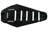 DeCal Works Black Black White with Honda logo Gripper Ribbed Seat Covers for Honda: CRF250R (2018-2021), CRF250RX (2019-2021), CRF450L (2019-2020), CRF450R (2017-2020), CRF450RL (2021-2027), CRF450R-S (2022), CRF450RX (2017-2020), CRF450X (2019-2027)