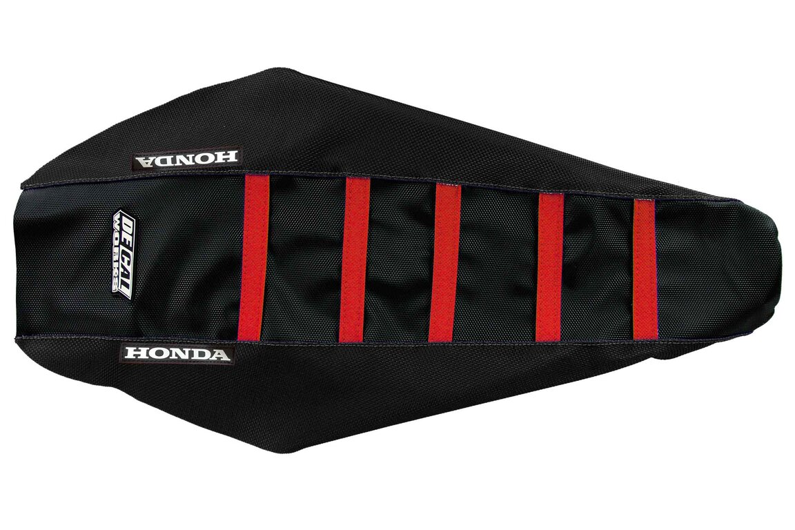 DeCal Works Black Black Red with Honda logo Gripper Ribbed Seat Covers for Honda: CRF250R (2022-2027), CRF250RWE (2025-2026), CRF250RX (2022-2027), CRF450R (2021-2026), CRF450R-S (2023-2024), CRF450RWE (2021-2026), CRF450RX (2021-2026), HRC Works Edition (2027)
