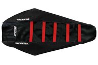 DeCal Works Black Black Red with Honda logo Gripper Ribbed Seat Covers for Honda: CRF250R (2022-2027), CRF250RWE (2025-2026), CRF250RX (2022-2027), CRF450R (2021-2026), CRF450R-S (2023-2024), CRF450RWE (2021-2026), CRF450RX (2021-2026), HRC Works Edition (2027)