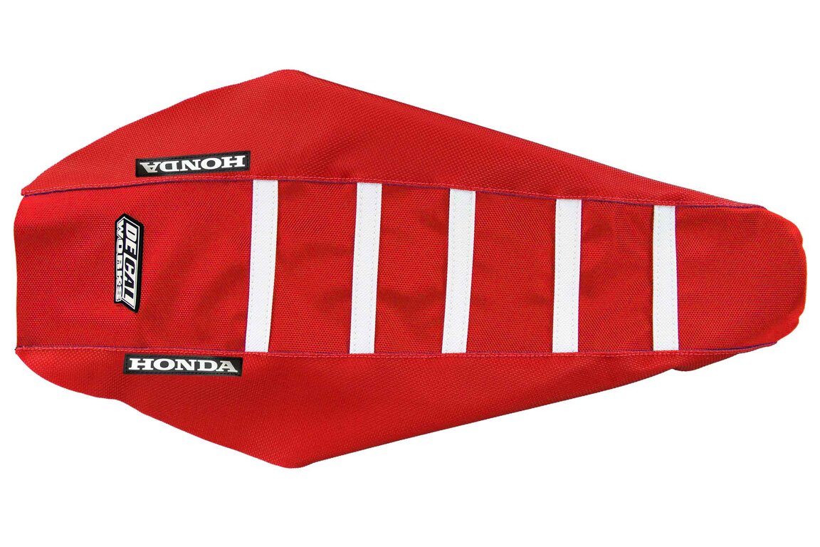 DeCal Works Red Red White with Honda logo Gripper Ribbed Seat Covers for Honda: CRF450R (2027), CRF450R HRC Works Edition (2027)