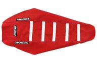 DeCal Works Red Red White with Honda logo Gripper Ribbed Seat Covers for Honda: CRF250R (2018-2021), CRF250RX (2019-2021), CRF450L (2019-2020), CRF450R (2017-2020), CRF450RL (2021-2027), CRF450R-S (2022), CRF450RX (2017-2020), CRF450X (2019-2027)