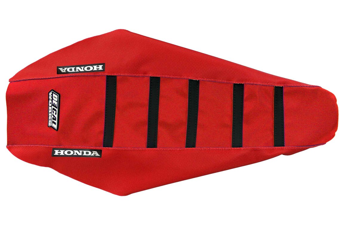 DeCal Works Red Red Black with Honda logo Gripper Ribbed Seat Covers for Honda: CRF250R (2022-2026), CRF250RWE (2025-2026), CRF250RX (2022-2026), CRF450R (2021-2026), CRF450R-S (2023-2024), CRF450RWE (2021-2026), CRF450RX (2021-2026)