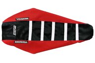 DeCal Works Red Black White with Honda logo Gripper Ribbed Seat Covers for Honda: CRF250R (2018-2021), CRF250RX (2019-2021), CRF450L (2019-2020), CRF450R (2017-2020), CRF450RL (2021-2027), CRF450R-S (2022), CRF450RX (2017-2020), CRF450X (2019-2027)