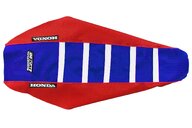 DeCal Works Red Blue White with Honda logo Gripper Ribbed Seat Covers for Honda: CRF250R (2018-2021), CRF250RX (2019-2021), CRF450L (2019-2020), CRF450R (2017-2020), CRF450RL (2021-2027), CRF450R-S (2022), CRF450RX (2017-2020), CRF450X (2019-2027)