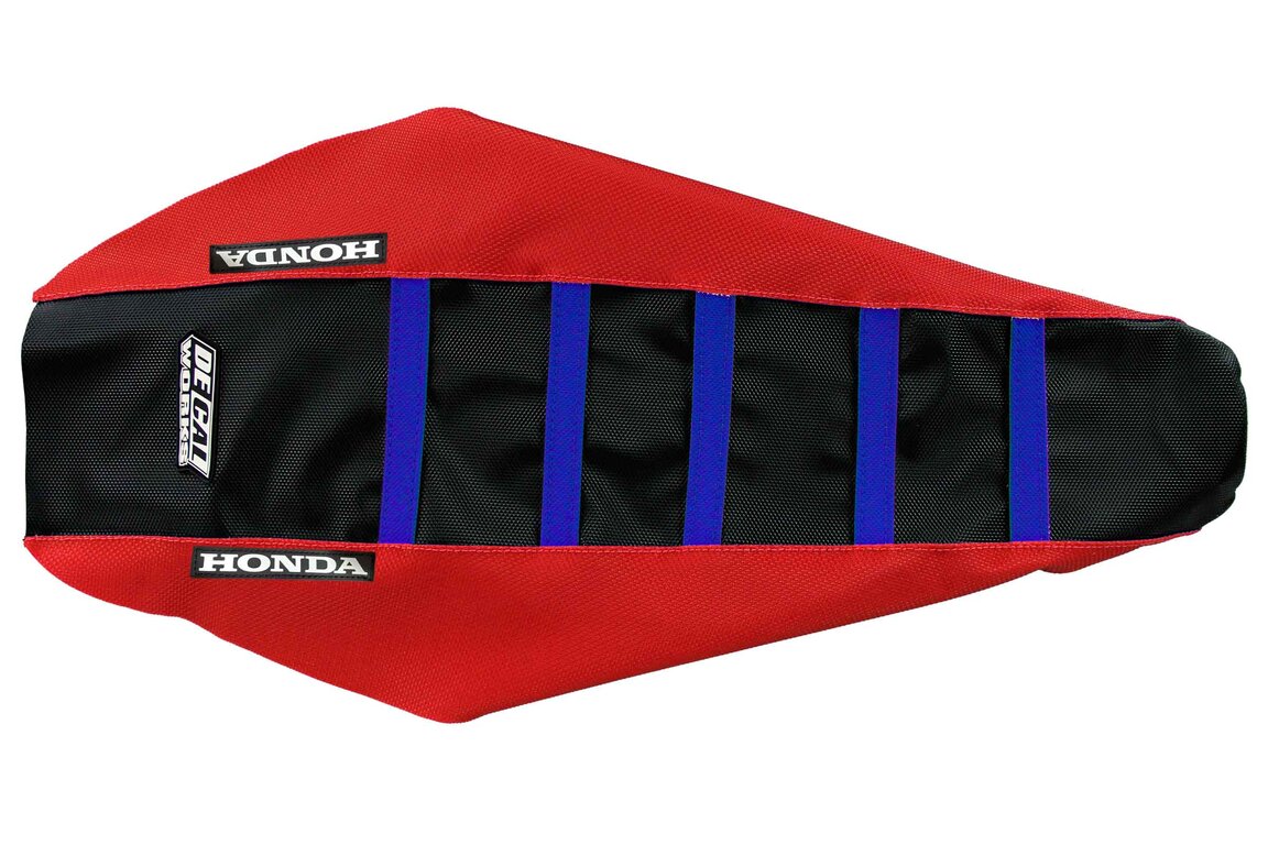 DeCal Works Red Black Blue with Honda logo Gripper Ribbed Seat Covers for Honda: CRF250R (2014-2017), CRF450R (2013-2016)