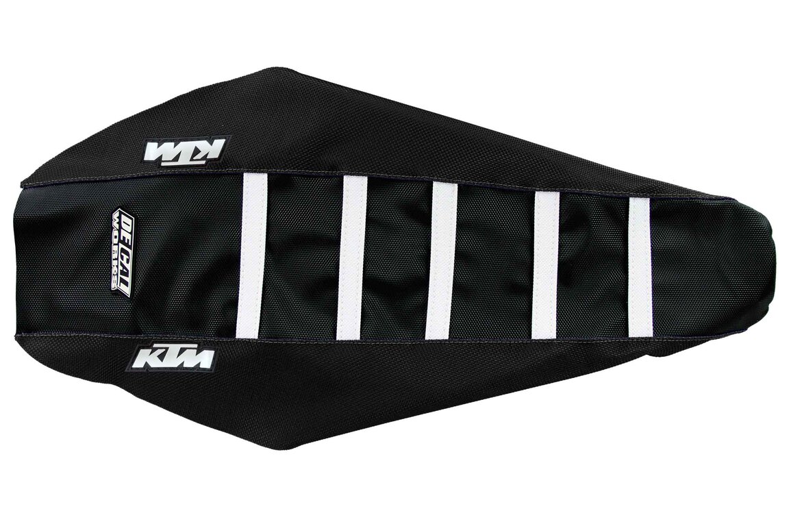 DeCal Works Black Black White with KTM logo Gripper Ribbed Seat Covers for KTM: EXC350F (2024-2026), EXC450F (2024-2025), EXC500F (2024-2027), SMR450 (2023-2025), SX125 (2023-2027), SX150 (2025-2027), SX250 (2023-2027), SX300 (2023-2027), SXF250 (2023-2027), SXF250FE (2022-2026), SXF350 (2023-2027), SXF450 (2023-...and more