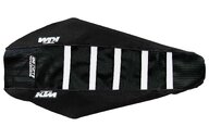 DeCal Works Black Black White with KTM logo Gripper Ribbed Seat Covers for KTM: EXC350F (2024-2026), EXC450F (2024-2025), EXC500F (2024-2026), SMR450 (2023-2025), SX125 (2023-2026), SX150 (2025-2026), SX250 (2023-2026), SX300 (2023-2026), SXF250 (2023-2026), SXF250FE (2022-2026), SXF350 (2023-2026), SXF450 (2023-...and more