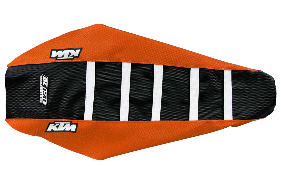 DeCal Works Orange Black White with KTM logo Gripper Ribbed Seat Covers for KTM: EXC125 (2020-2021), EXC150 (2020-2023), EXC250 (2020-2023), EXC250F (2020-2023), EXC300 (2020-2023), EXC350F (2020-2023), EXC450F (2020-2023), EXC500F (2020-2023), SMR450 (2021-2022), SX125 (2019-2022), SX150 (2019-2022), SX250 (2019-...and more