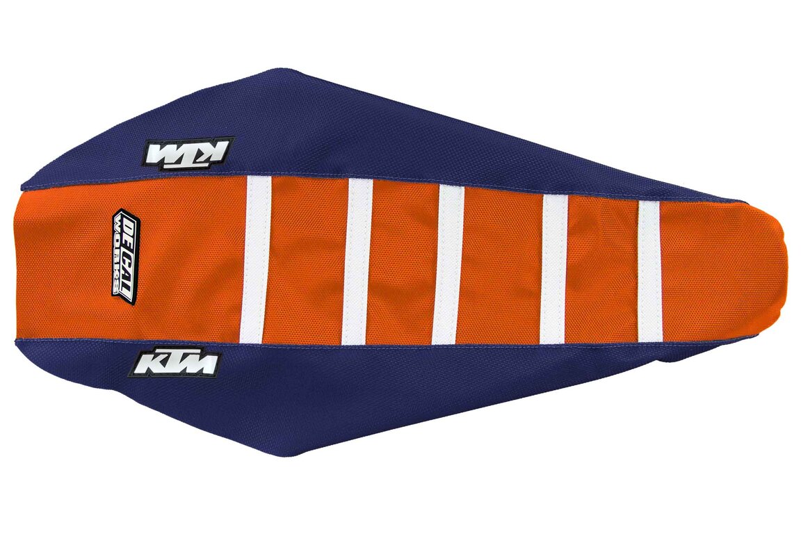 DeCal Works Navy Orange White with KTM logo Gripper Ribbed Seat Covers for KTM: EXC125 (2020-2021), EXC150 (2020-2023), EXC250 (2020-2023), EXC250F (2020-2023), EXC300 (2020-2023), EXC350F (2020-2023), EXC450F (2020-2023), EXC500F (2020-2023), SMR450 (2021-2022), SX125 (2019-2022), SX150 (2019-2022), SX250 (2019-...and more
