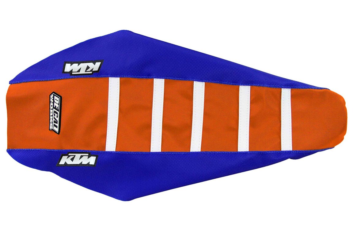 DeCal Works Blue Orange White with KTM logo Gripper Ribbed Seat Covers for KTM: EXC125 (2012-2013, 2016), EXC200 (2012-2013, 2016), EXC250 (2012-2013, 2016), EXC250F (2012-2016), EXC300 (2012-2014, 2016), EXC350F (2012-2016), EXC450 (2012-2016), EXC500 (2012-2016), SX125 (2011-2015), SX150 (2011-2015), SX250 (201...and more