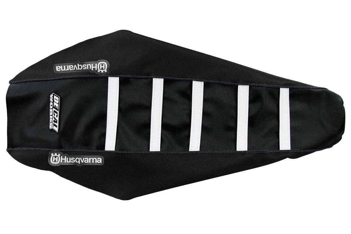 DeCal Works Black Black White with Husqvarna logo Gripper Ribbed Seat Covers for Husqvarna: FC250 (2023-2027), FC250 Factory Edition (2025-2026), FC250 Rockstar Edition (2022-2024), FC350 (2023-2027), FC350 Heritage (2023, 2025), FC450 (2023-2027), FC450 Factory Edition (2025-2026), FC450 Rockstar Edition (2022-2024), ...and more