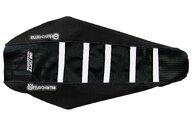 DeCal Works Black Black White with Husqvarna logo Gripper Ribbed Seat Covers for Husqvarna: FC250 (2023-2027), FC250 Factory Edition (2025-2026), FC250 Rockstar Edition (2022-2024), FC350 (2023-2027), FC350 Heritage (2023, 2025), FC450 (2023-2027), FC450 Factory Edition (2025-2026), FC450 Rockstar Edition (2022-2024), ...and more