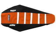 DeCal Works Black Orange White with KTM logo Gripper Ribbed Seat Covers for KTM: EXC125 (2020-2021), EXC150 (2020-2023), EXC250 (2020-2023), EXC250F (2020-2023), EXC300 (2020-2023), EXC350F (2020-2023), EXC450F (2020-2023), EXC500F (2020-2023), SMR450 (2021-2022), SX125 (2019-2022), SX150 (2019-2022), SX250 (2019-...and more