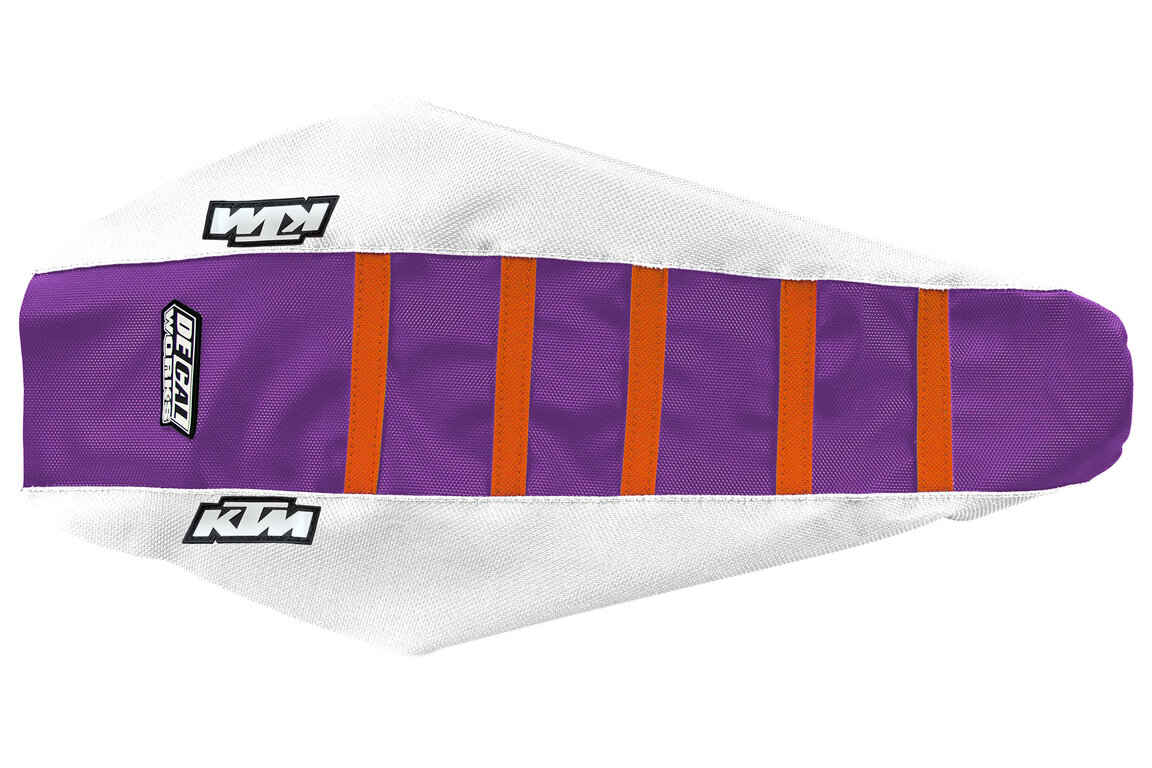 DeCal Works White Purple Orange with KTM logo Gripper Ribbed Seat Covers for KTM: EXC125 (2020-2021), EXC150 (2020-2023), EXC250 (2020-2023), EXC250F (2020-2023), EXC300 (2020-2023), EXC350F (2020-2023), EXC450F (2020-2023), EXC500F (2020-2023), SMR450 (2021-2022), SX125 (2019-2022), SX150 (2019-2022), SX250 (2019-...and more
