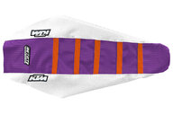 DeCal Works White Purple Orange with KTM logo Gripper Ribbed Seat Covers for KTM: EXC125 (2020-2021), EXC150 (2020-2023), EXC250 (2020-2023), EXC250F (2020-2023), EXC300 (2020-2023), EXC350F (2020-2023), EXC450F (2020-2023), EXC500F (2020-2023), SMR450 (2021-2022), SX125 (2019-2022), SX150 (2019-2022), SX250 (2019-...and more