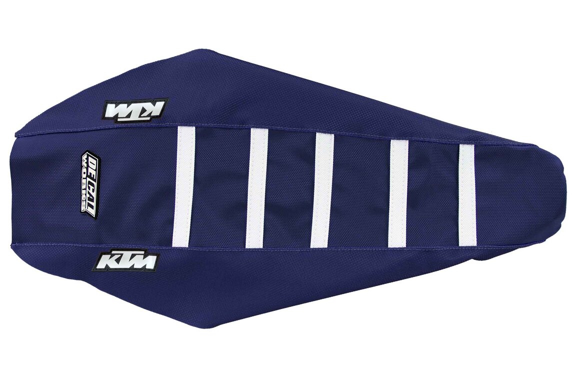 DeCal Works Dark Blue Dark Blue White with KTM logo Gripper Ribbed Seat Covers for KTM: EXC350F (2024-2026), EXC450F (2024-2025), EXC500F (2024-2027), SMR450 (2023-2025), SX125 (2023-2027), SX150 (2025-2027), SX250 (2023-2027), SX300 (2023-2027), SXF250 (2023-2027), SXF250FE (2022-2026), SXF350 (2023-2027), SXF450 (2023-...and more