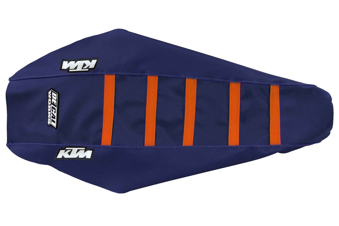 DeCal Works Dark Blue Dark Blue Orange with KTM logo Gripper Ribbed Seat Covers for KTM: EXC350F (2024-2026), EXC450F (2024-2025), EXC500F (2024-2027), SMR450 (2023-2025), SX125 (2023-2027), SX150 (2025-2027), SX250 (2023-2027), SX300 (2023-2027), SXF250 (2023-2027), SXF250FE (2022-2026), SXF350 (2023-2027), SXF450 (2023-...and more
