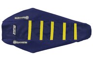 DeCal Works Dark Blue Dark Blue Yellow with Husqvarna logo Gripper Ribbed Seat Covers for Husqvarna: FC250 (2023-2027), FC250 Factory Edition (2025-2026), FC250 Rockstar Edition (2022-2024), FC350 (2023-2027), FC350 Heritage (2023, 2025), FC450 (2023-2027), FC450 Factory Edition (2025-2026), FC450 Rockstar Edition (2022-2024), ...and more