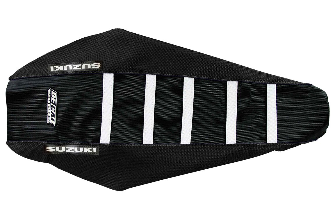 DeCal Works Black Black White with Suzuki logo Gripper Ribbed Seat Covers for Suzuki: RMZ250 (2007-2009)