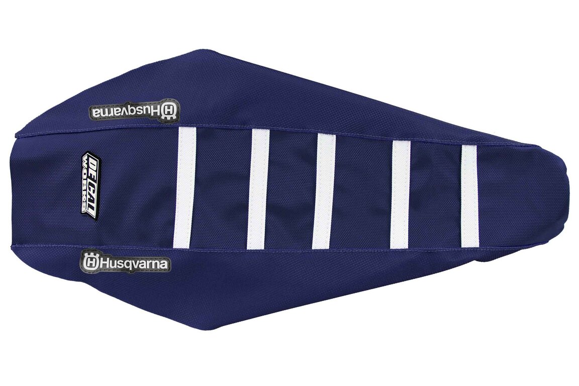 DeCal Works Dark Blue Dark Blue White with Husqvarna logo Gripper Ribbed Seat Covers for Husqvarna: FC250 (2023-2027), FC250 Factory Edition (2025-2026), FC250 Rockstar Edition (2022-2024), FC350 (2023-2027), FC350 Heritage (2023, 2025), FC450 (2023-2027), FC450 Factory Edition (2025-2026), FC450 Rockstar Edition (2022-2024), ...and more