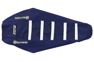 DeCal Works Dark Blue Dark Blue White with Husqvarna logo Gripper Ribbed Seat Covers for Husqvarna: FC250 (2023-2027), FC250 Factory Edition (2025-2026), FC250 Rockstar Edition (2022-2024), FC350 (2023-2027), FC350 Heritage (2023, 2025), FC450 (2023-2027), FC450 Factory Edition (2025-2026), FC450 Rockstar Edition (2022-2024), ...and more