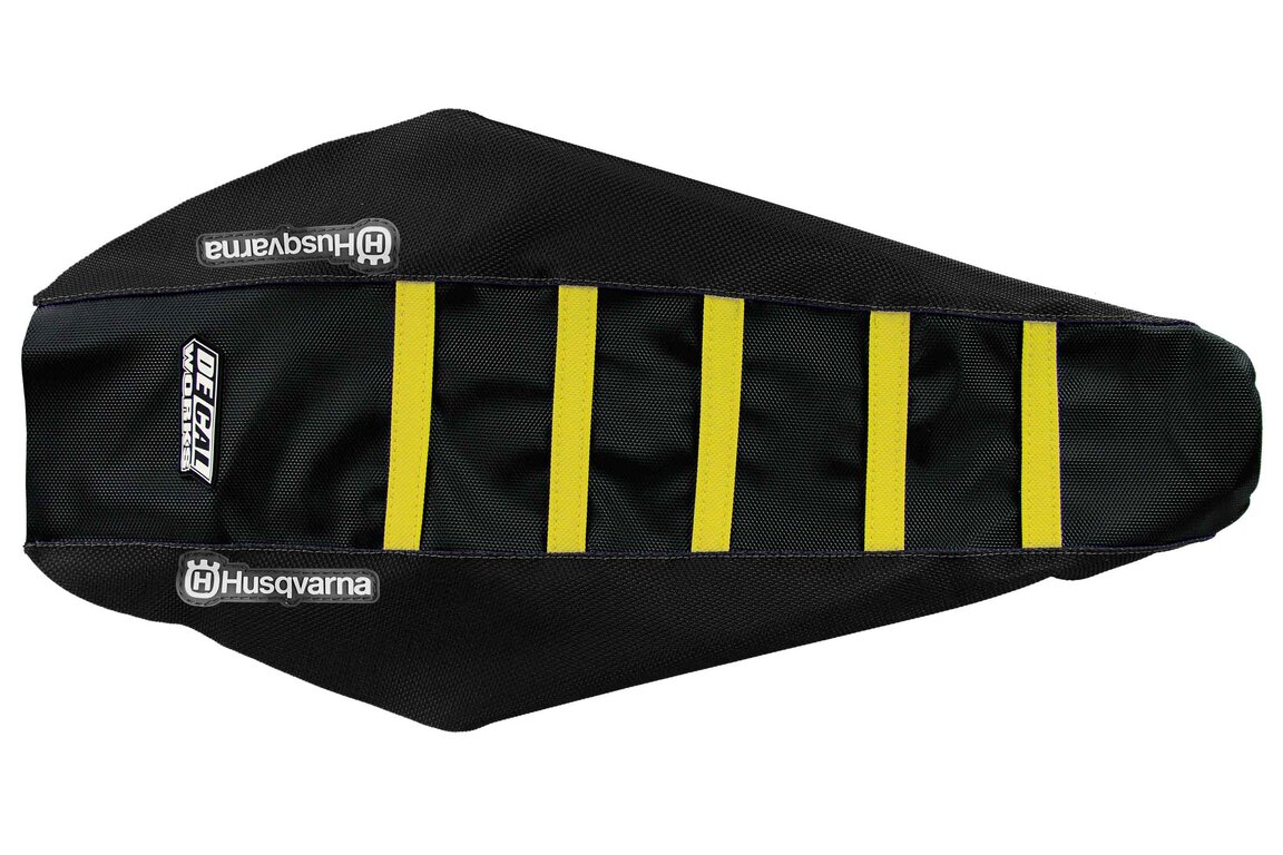 DeCal Works Black Black Yellow with Husqvarna logo Gripper Ribbed Seat Covers for Husqvarna: FC250 (2023-2027), FC250 Factory Edition (2025-2026), FC250 Rockstar Edition (2022-2024), FC350 (2023-2027), FC350 Heritage (2023, 2025), FC450 (2023-2027), FC450 Factory Edition (2025-2026), FC450 Rockstar Edition (2022-2024), ...and more