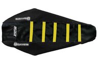 DeCal Works Black Black Yellow with Husqvarna logo Gripper Ribbed Seat Covers for Husqvarna: FC250 (2023-2027), FC250 Factory Edition (2025-2026), FC250 Rockstar Edition (2022-2024), FC350 (2023-2027), FC350 Heritage (2023, 2025), FC450 (2023-2027), FC450 Factory Edition (2025-2026), FC450 Rockstar Edition (2022-2024), ...and more